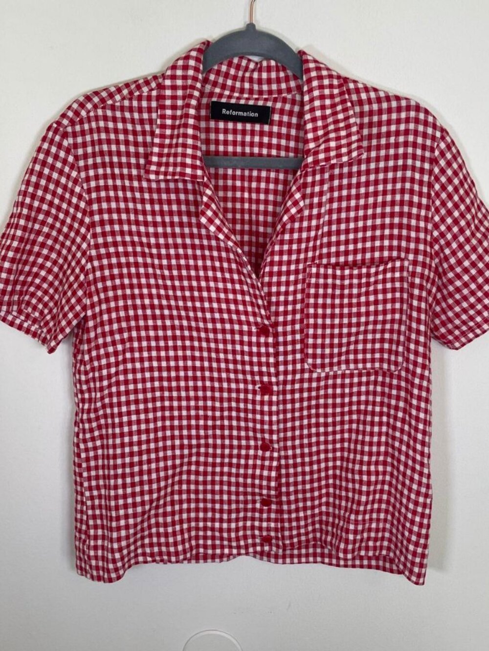 Reformation 100% Linen Red & White Gingham Button Up Shirt